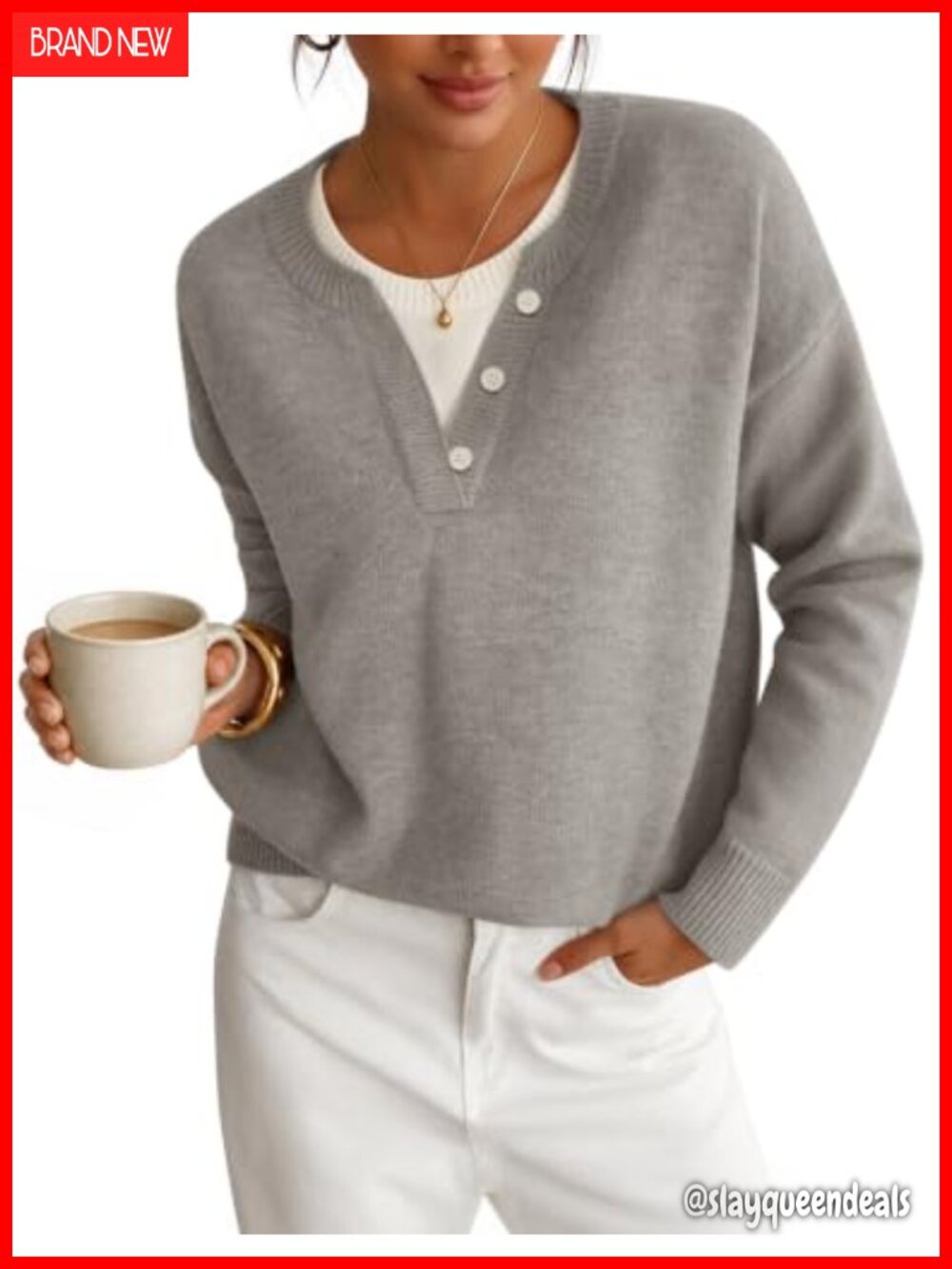 Oversized Henley Neck Faux Layered Knit Pullover Sweater Top